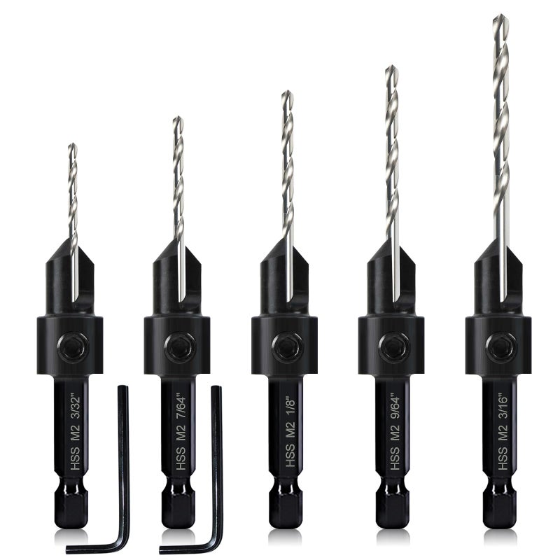 DECKRKAT 5-pc Woodworking Countersink Counterbore Drill Bit Set 3in1 for #6 8 10 12 16 Screws, M2 Pilot Drill Bits Adjustable Depth, 82-Degree Chamfer with Stop, 1/4Hex Shank, Includes 2 Allen Wrenches - Image 1